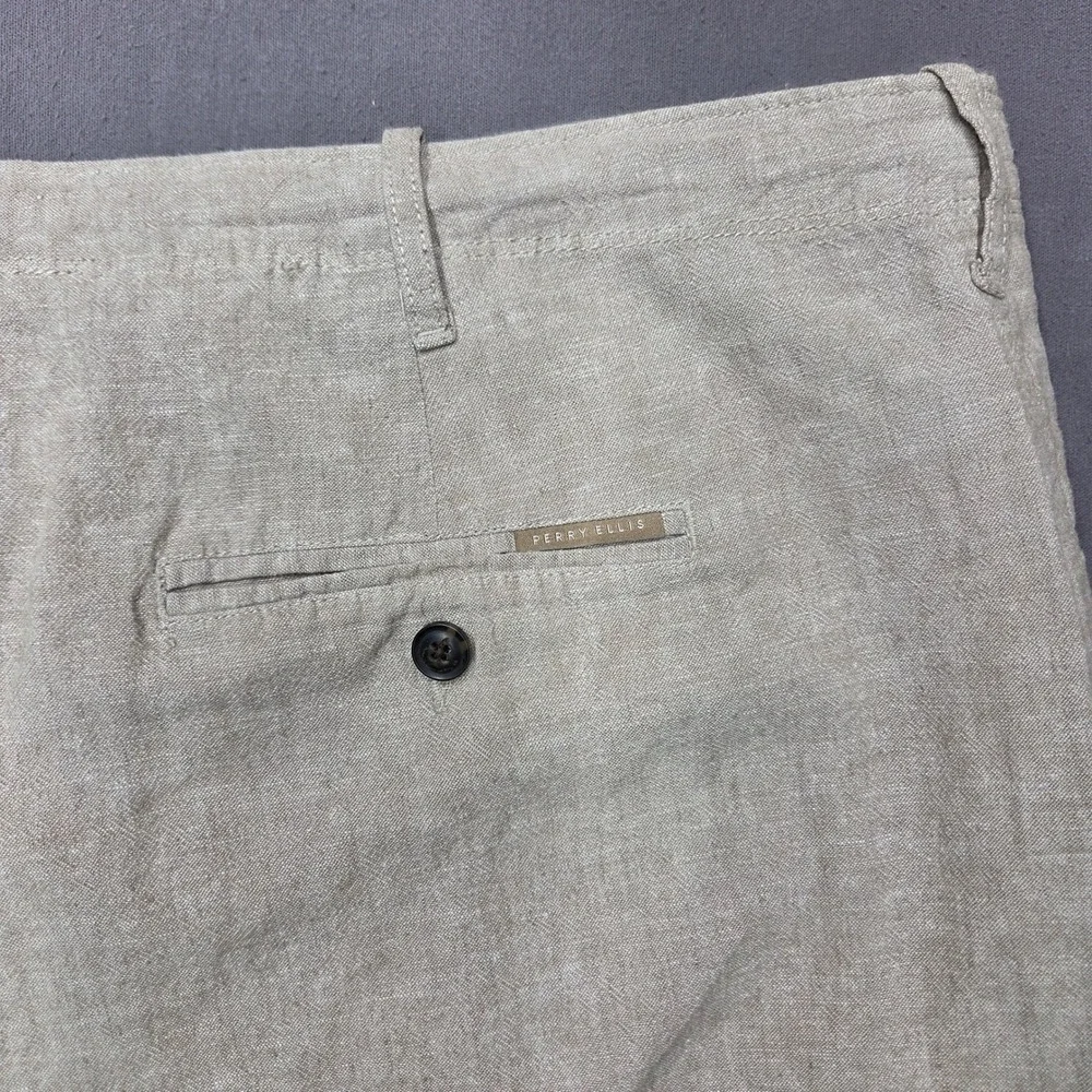 Perry Ellis Mens 38x30 Linen Blend Drawstring Pants Beige Straight Leg Size